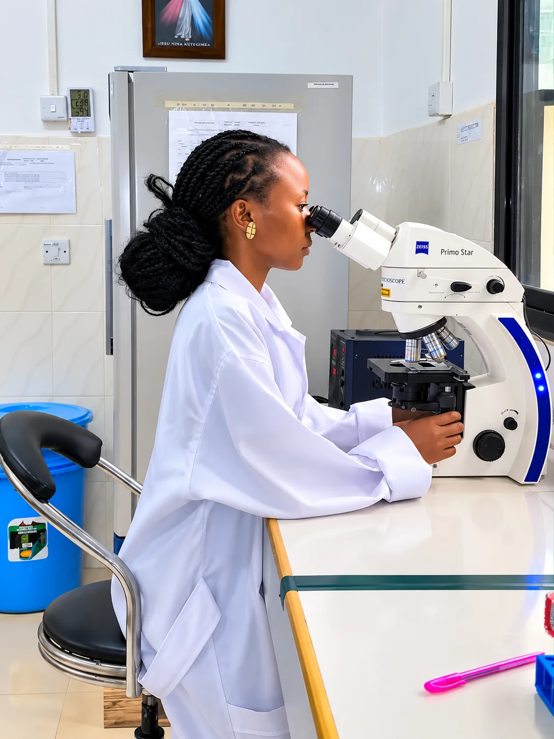 A laboratory professional using a microscope